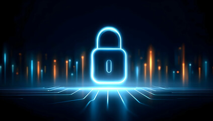A glowing blue lock symbolizing digital security and protection in a futuristic environment.