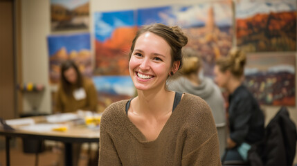 Young woman enjoying art class in creative studio environment