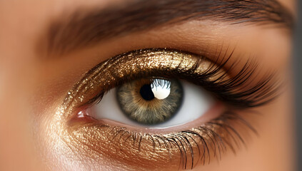 Obraz premium Close-up of an elegant eye with shimmering gold eyeshadow, showcasing beauty and fashion trends.