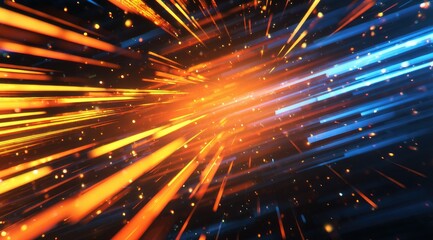 Fototapeta premium Abstract digital artwork depicting streaks of vibrant orange and blue light radiating from a central point against a dark, speckled background, suggesting speed and energy