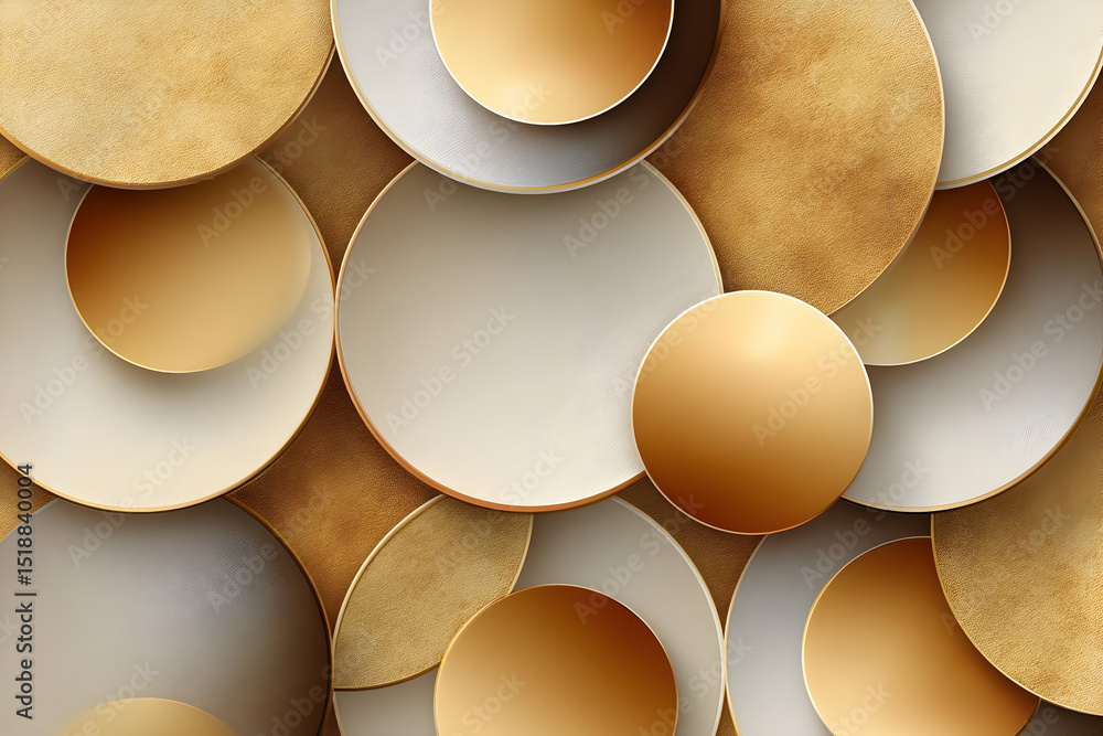 Poster an abstract composition of golden and white circular plates creating a modern and elegant design.