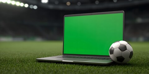 A laptop computer with a vibrant green screen sits on a lush grassy soccer pitch surrounded by the stadium lights and atmosphere of a professional soccer match
