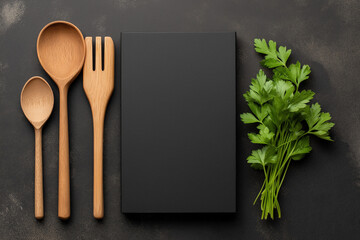 Natural Wooden Kitchen Utensils with Fresh Parsley on Dark Slate Background