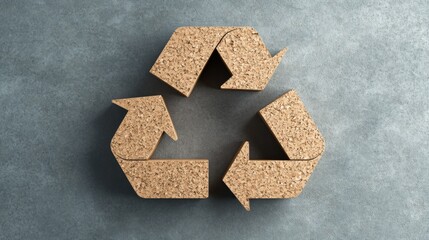 Eco Friendly Recycling Symbol Made of Cork Material on Grey Background for Sustainability Concept