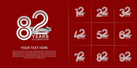 Anniversary logo style double line number set. white color with grey ribbon for celebration event