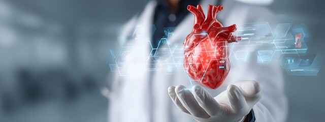A medical professional using futuristic technology to display a digital holographic image of a human heart showcasing the latest advancements in medical science and healthcare innovation