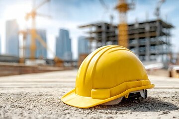 A close-up of a yellow hard hat on a construction site with cranes and a modern building in the background.