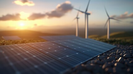 Sustainable energy technology with solar panels and wind turbines captu renewable power at sunset