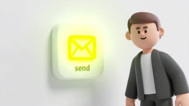 3D Cartoon Man Tapping Glowing Send Button as Envelope Icon Flies Upward