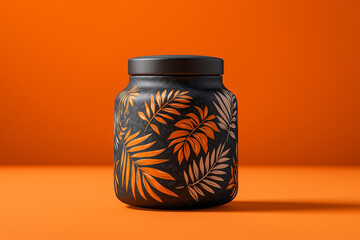 Decorative Black Ceramic Jar with Tropical Leaf Pattern on Orange Background