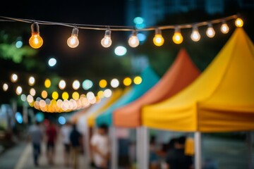 Vibrant night market with colorful tents and string lights