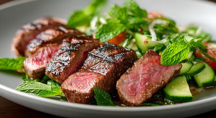 Savory grilled steak slices served with a fresh cucumber and tomato salad, garnished with mint leaves.