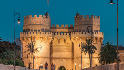 Serrans Towers or Torres de Serranos day to night timelapse in Valencia, Spain.