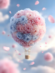 A dreamy hot air balloon made of vibrant flowers floating in a serene sky, symbolizing joy and beauty.