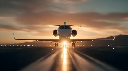 A sleek airplane taking off at sunset, illuminating the runway with its powerful headlights.