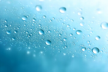 Close-up of glistening water droplets on a cool blue surface, conveying freshness and purity in a tranquil setting.