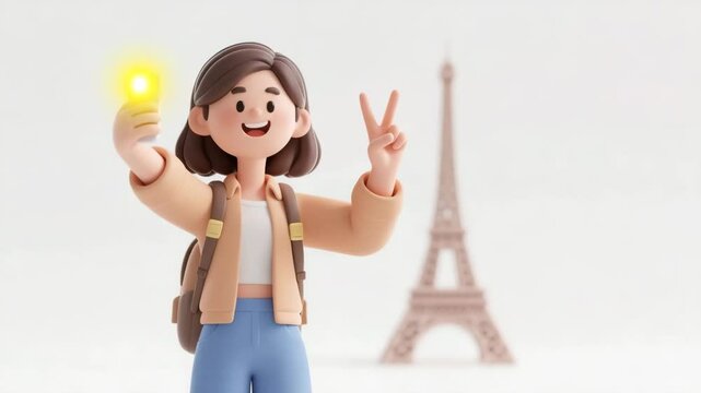 3D Cartoon Woman Taking Selfies in Front of Eiffel Tower With Playful Expressions