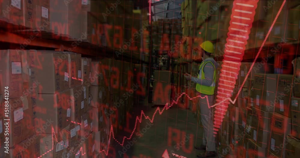 Poster warehouse worker entering aisle and tapping tablet with red data graphs animating inventory levels