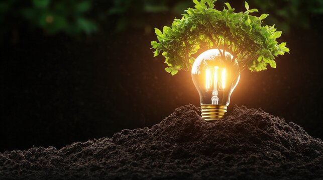 Innovative idea conceptual image of energy conservation with glowing light bulb surrounded by lush greenery in soil