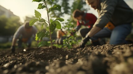 Group of People Planting Young Trees in a Garden at Sunrise for Environmental Conservation and Reforestation Efforts