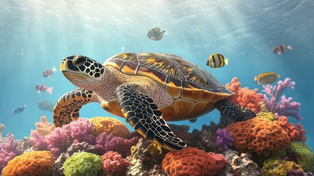 Vibrant underwater scene featu a sea turtle swimming above colorful coral reef and tropical fish