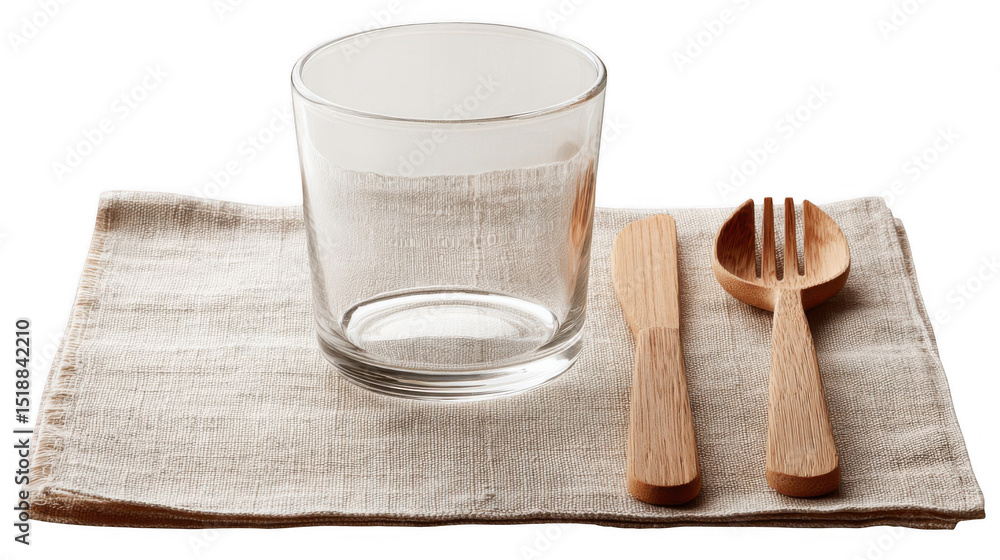 Poster empty glass sits on a linen placemat next to a wooden spoon, fork, and knife, all arranged neatly ag