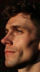 Obraz premium Close-Up Portrait of Handsome Young Man in Natural Light – High Contrast Outdoor Headshot with Unique Emotional Expression