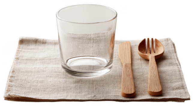 Empty glass sits on a linen placemat next to a wooden spoon, fork, and knife, all arranged neatly against a transparent background, creating a minimalist and inviting table setting