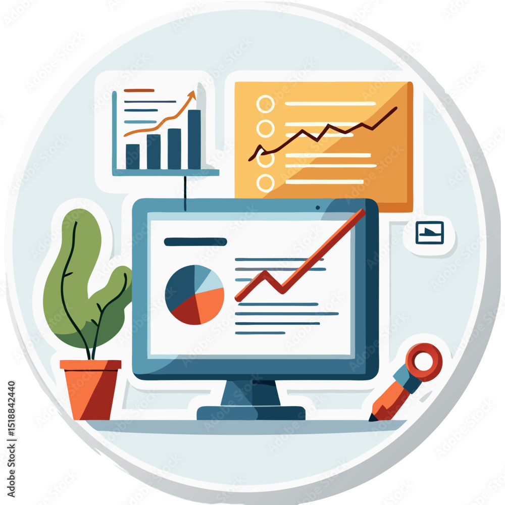 Aufkleber illustration of business analytics and data analysis elements on a digital screen