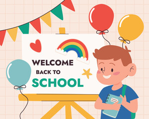 Welcome Back to School Banner with Cartoon Kid.
