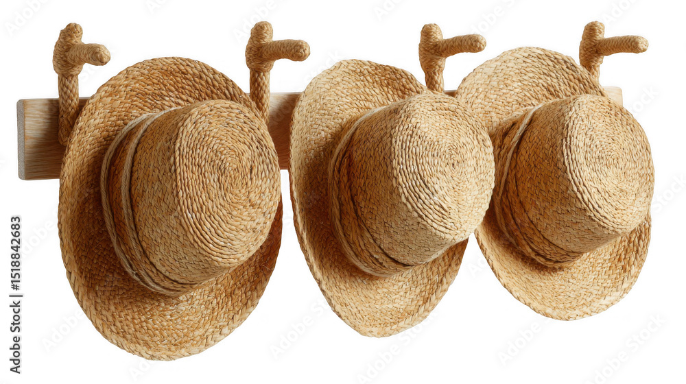 Poster three straw hats are hanging on a wooden coat rack with rope hooks against a transparent background,