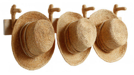 Three straw hats are hanging on a wooden coat rack with rope hooks against a transparent background, creating a rustic and stylish image perfect for summer or travel themed projects