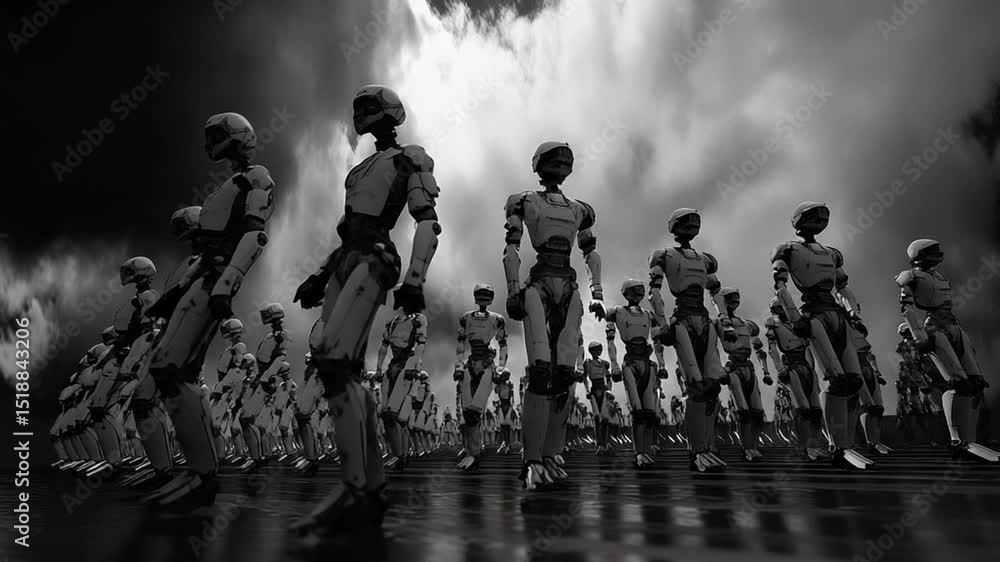 Aufkleber futuristic robot army advancing across a dark plain, automation and artificial intelligence