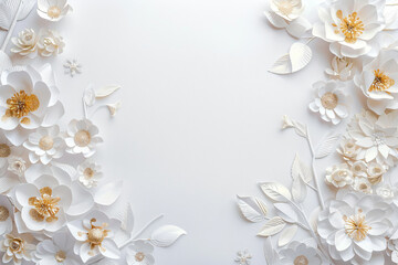 a white background with paper flowers and leaves
