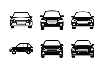 Fototapeta premium Car Front View Silhouette and Outline Icon Set