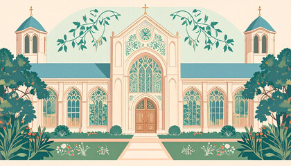 Serene Church Building Exterior with Lush Gardens Peaceful Architectural Illustration