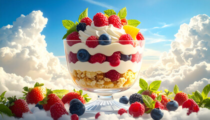 Delicious Berry Trifle Dessert in Glass Bowl on Clouds Background A Sweet Summer Treat