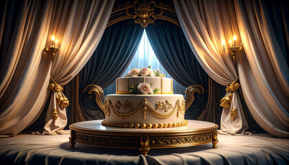 Elegant Two Tiered Wedding Cake Displayed on a Luxurious Gold Stand Against a Dramatic Curtain Backdrop