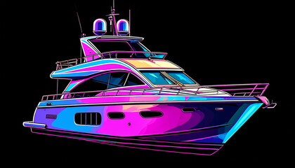 Luxurious Modern Yacht Design Illustration Neon Pink and Blue Colors Boat