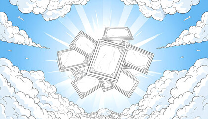 Blank Cards Floating in a Bright Sky with Clouds Ideal for Game Design or Fantasy Art