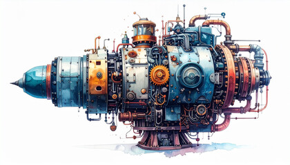 Intricate Watercolor Painting of a Futuristic Steampunk Engine Design A Detailed Illustration of a Complex Machine