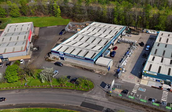 Drone Aerial view of BM Electrical Wholesale Limited and HAYLEY DEXIS Ballymena Pennybridge Industrial Estate Co Antrim Northern Ireland 03-05-25