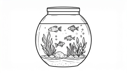 Adorable Fish in a Glass Bowl A Charming Line Art Illustration of Aquatic Life