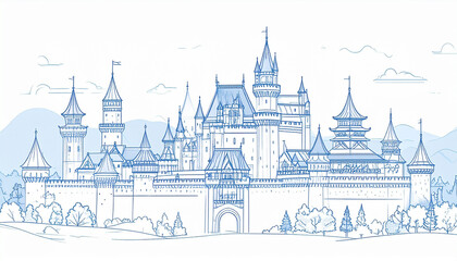 Majestic Fairytale Castle Illustration Blue Print Design Architectural Fantasy Landmark