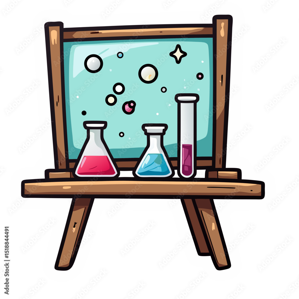 Aufkleber illustration of a science experiment setup with colorful liquids and a chalkboard background