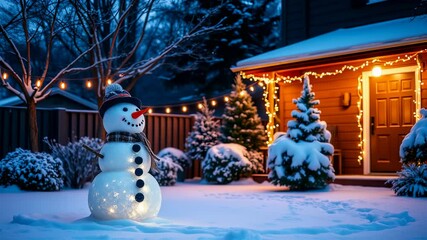 Illuminated snowman glows in snowy yard with holiday lights at dusk - Powered by Adobe