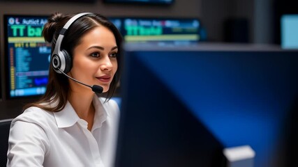 Confident woman wearing headset working with financial data on computers - Powered by Adobe