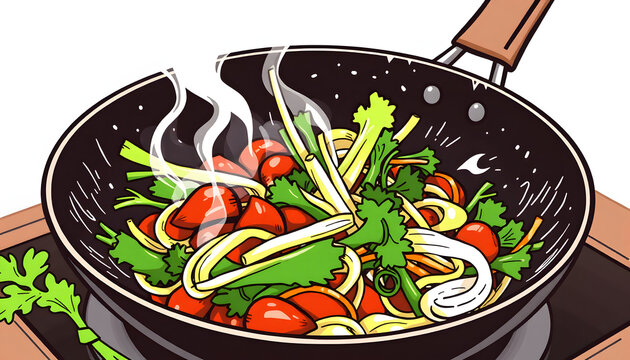 cooking pan with vegetables, steam, cartoon style clip art preview