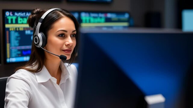 Confident woman wearing headset working with financial data on computers - Powered by Adobe