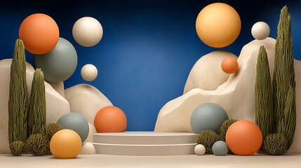 Abstract 3D Render Pastel Spheres and Textured Organic Forms on Deep Blue Background